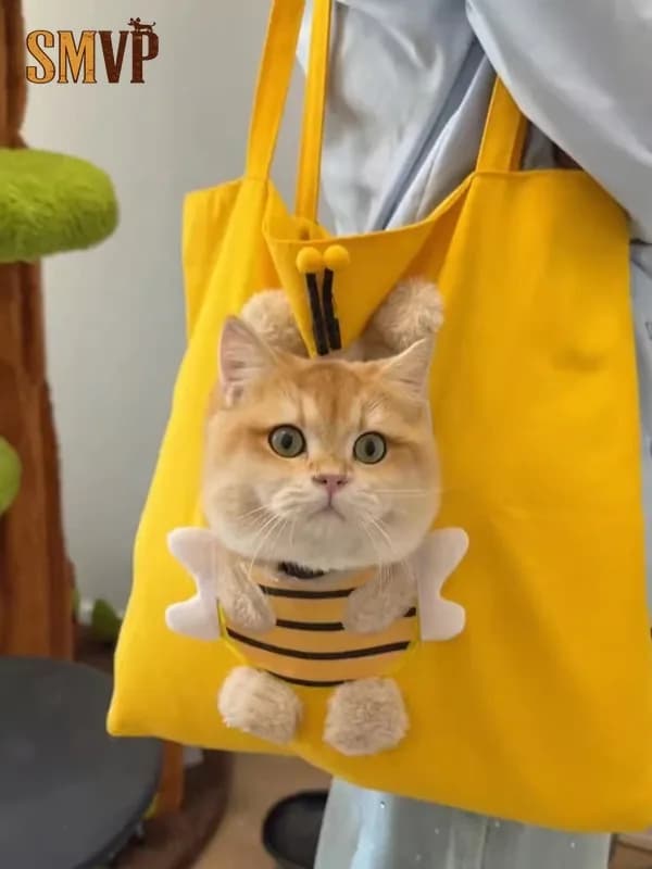 Borsa da Trasporto per Gatti a Forma di Ape Gialla, Traspirante in Tela, Anti-Stress, Portatile, Zaino per Animali Domestici