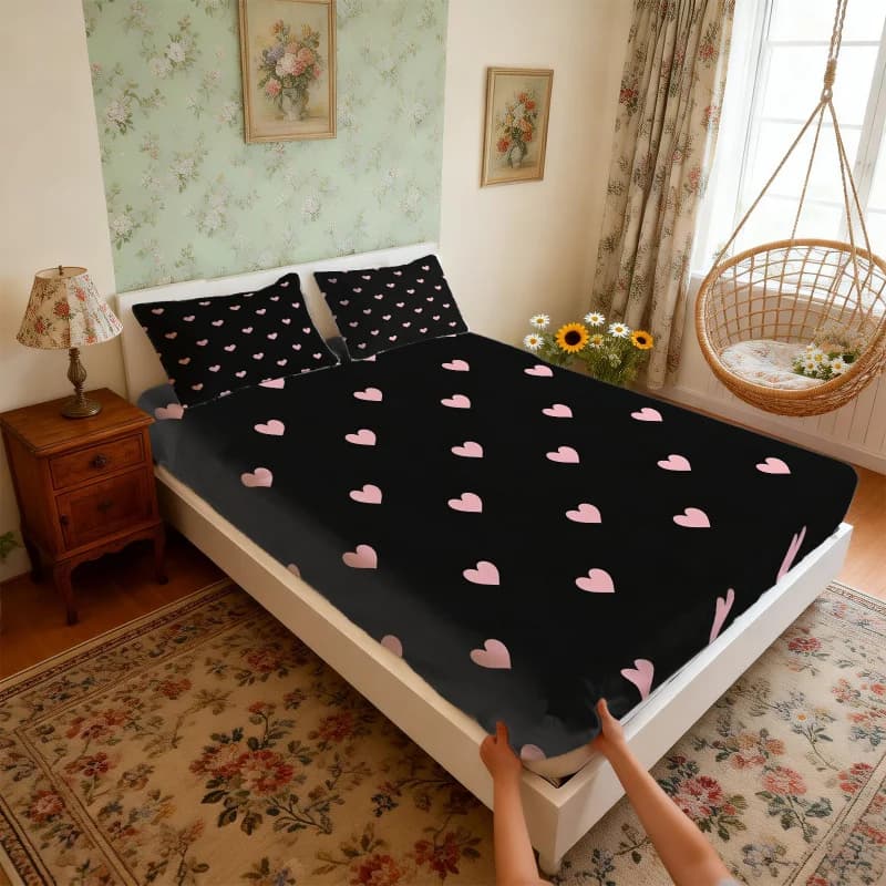 Set di lenzuola con stampa di cuori neri e rosa, set di lenzuola senza imbottitura, graziosa biancheria da letto con cuori per la camera delle ragazze adolescenti