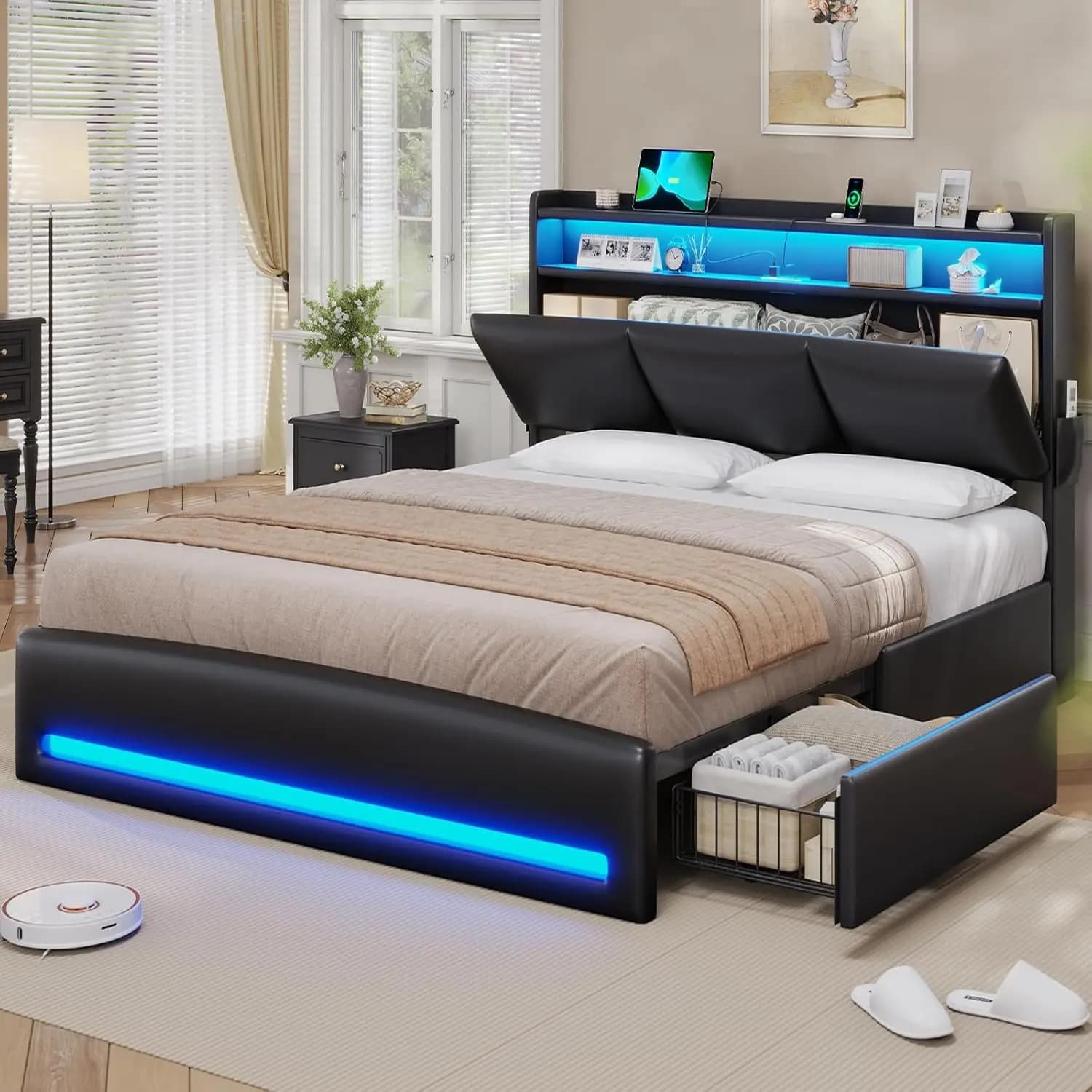 Queen Bed Frame with Storage Headboard and Charging Station, Leather Upholstered Bed Frame Queen Size with 4, Customized