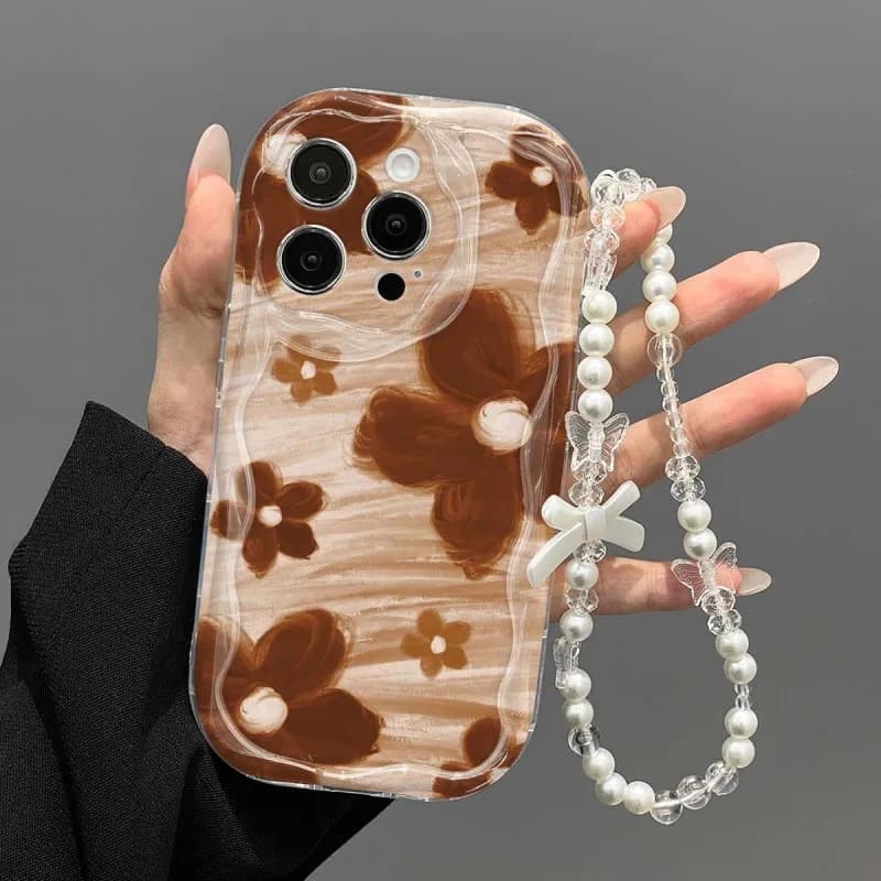 Coffee Brown Floral 3D Ripple Texture Lanyard Phone Case For iPhone 17 Pro Max Case 15 16 Plus 14 13 12 Pro TPU Shockproof Cover