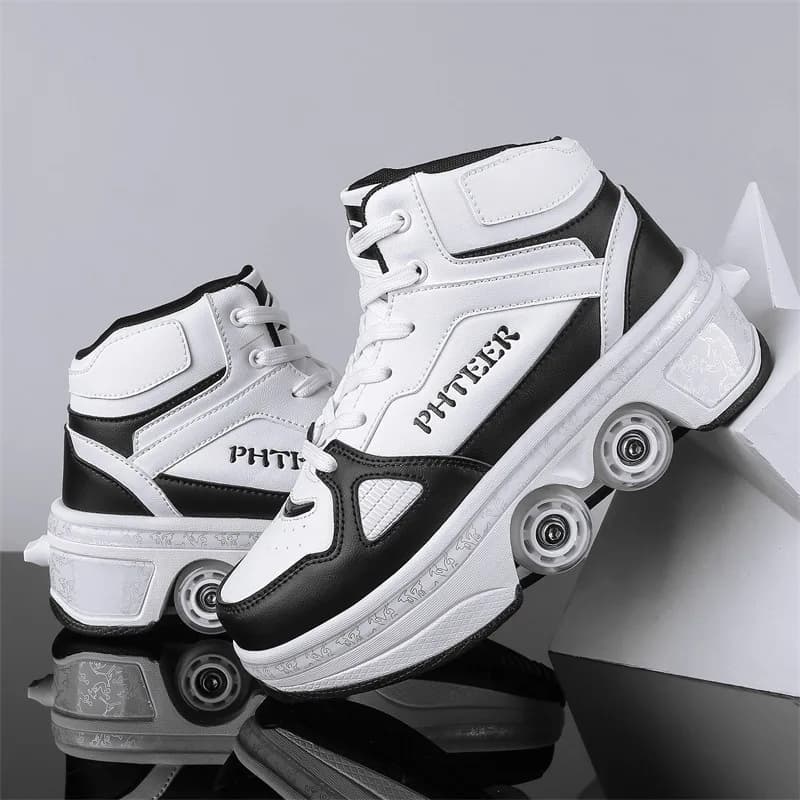 4 Wheel PU Leather Children's Skate Shoes Gymnastics Parkour Shoes With Random Deformation Round Shoes Adult Sports Running Shoes