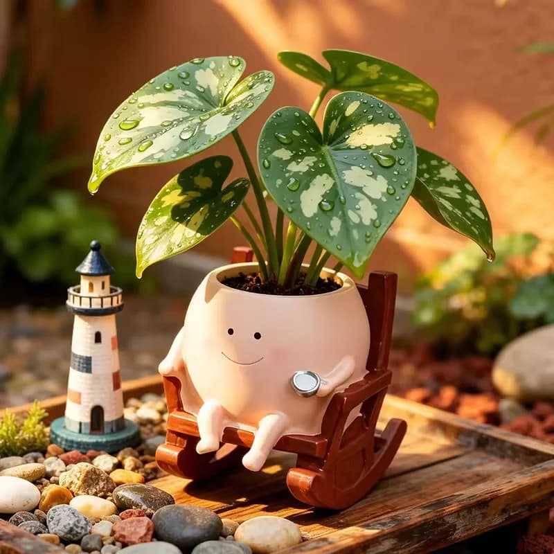Chair Smile Face Planter Resin Hanging Cute Head Flower Pot with Swing Seat Creative Succulent Flower Pot Garden Plant Container