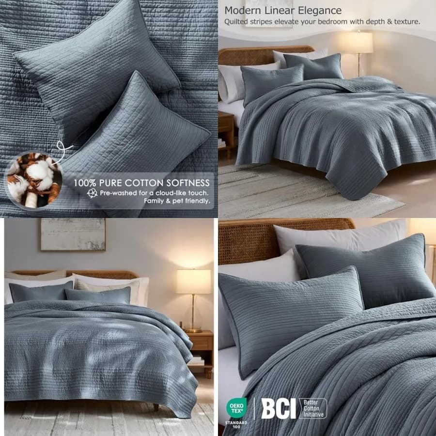 Set di Biancheria da Letto in Cotone 100% a Righe Blu-Grigio, Copriletto Leggero con Cuciture a Canale Texturizzate, Morbido Stile Shabby Chic