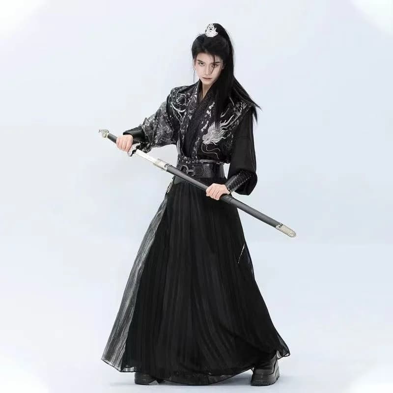 Dark Black Dragon Embroidery Hanfu Men's Tang Dynasty Cross Collar Beizi Skirt Vintage Chinese Martial Art Clothing Cosplay Male