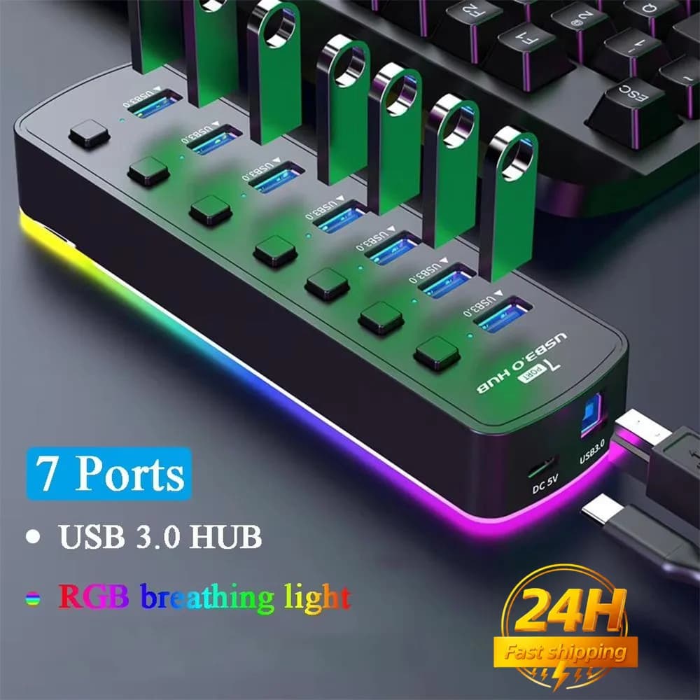 Hub USB 3.0 RGB a 7 porte con adattatore dati 5Gbps, interruttori individuali On/Off, splitter, hub USB da gioco per laptop, PC e accessori per computer