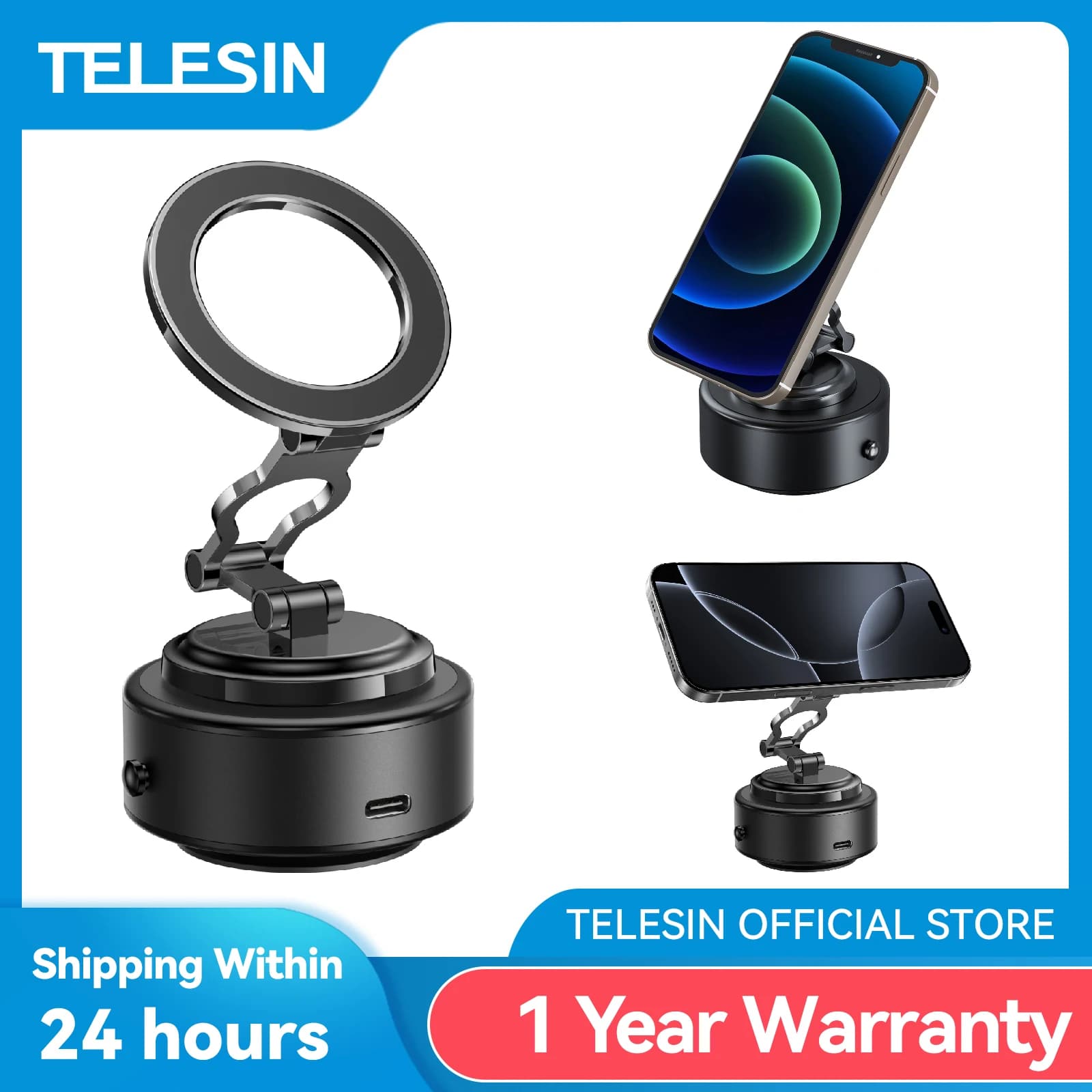 Supporto per telefono per auto con ventosa elettrica magnetica TELESIN 360 ° Supporto da auto regolabile per telefono cellulare Iphone Andriod