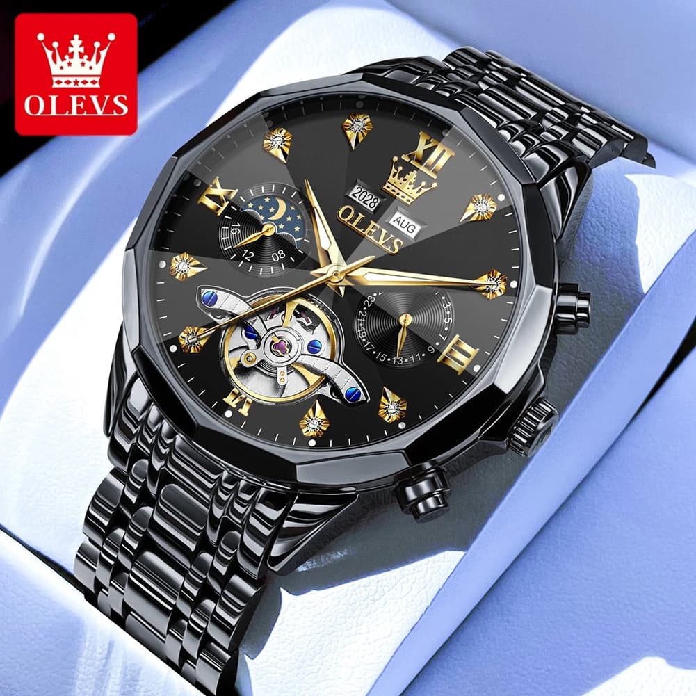 OLEVS 6621 Orologio da Polso Scheletrato da Uomo con Volano, Doppio Calendario, Fasi Lunari, Impermeabile, Automatico Meccanico di Lusso
