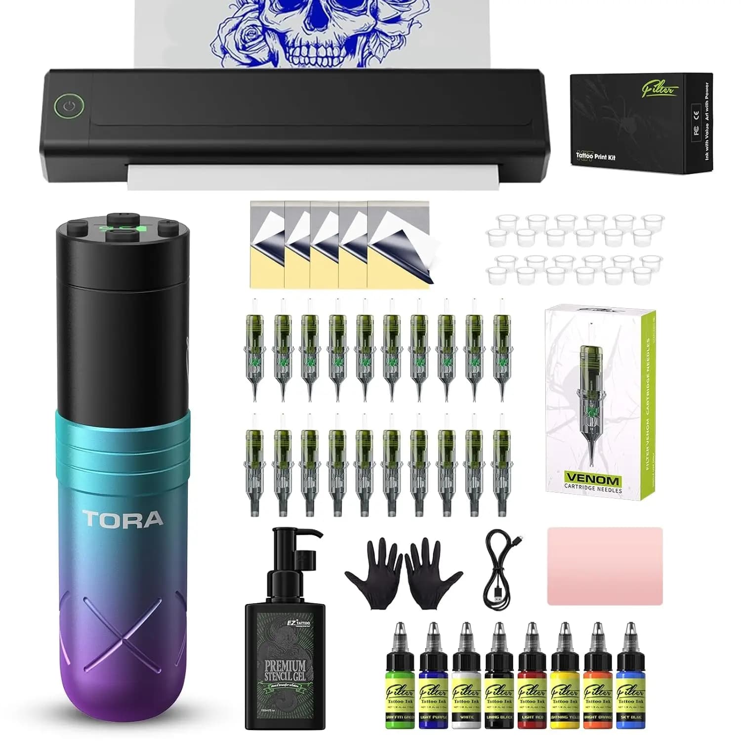 Kit Stampante per Tatuaggi Tutto-in-Uno: Macchina per Stencil, Penna, 20 Aghi, 40 Fogli di Trasferimento e Gel per Principianti e Artisti
