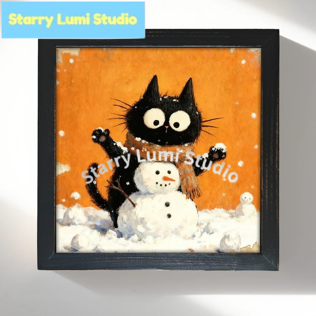 Piccolo gatto nero nella neve, disegno animato 5D, pittura con diamanti fai da te, mosaico, punto croce, decorazione per la casa, regalo fatto a mano