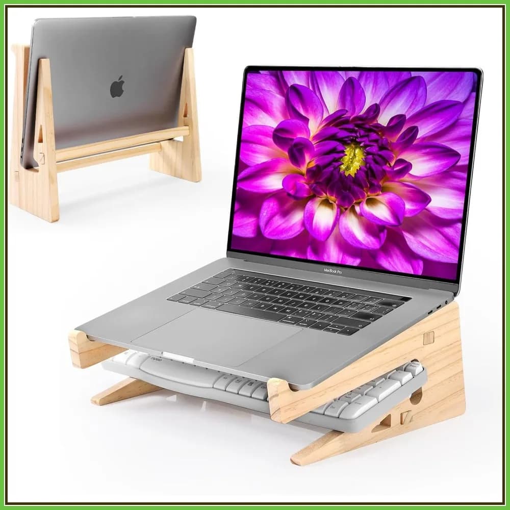 Supporto per laptop in legno per scrivania, supporto per laptop orizzontale e verticale con spazio per tastiera, adatto a laptop da 13-17 pollici