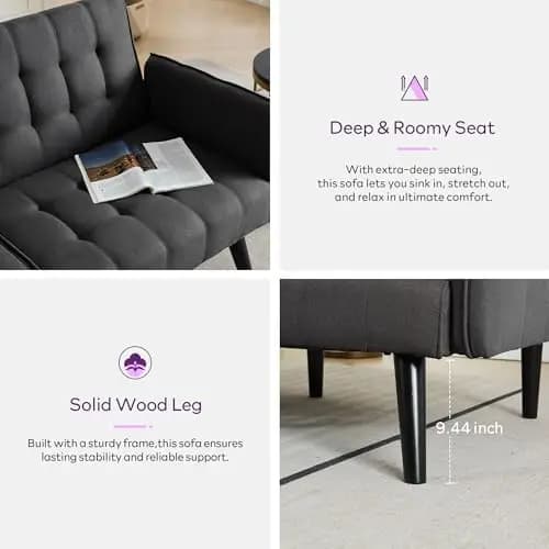 Dark Grey 65-Inch Tufted Convertible Sleeper Sofa Featuring Extra-Deep Seat, Solid Wood Legs, And Dual USB Ports For Modern