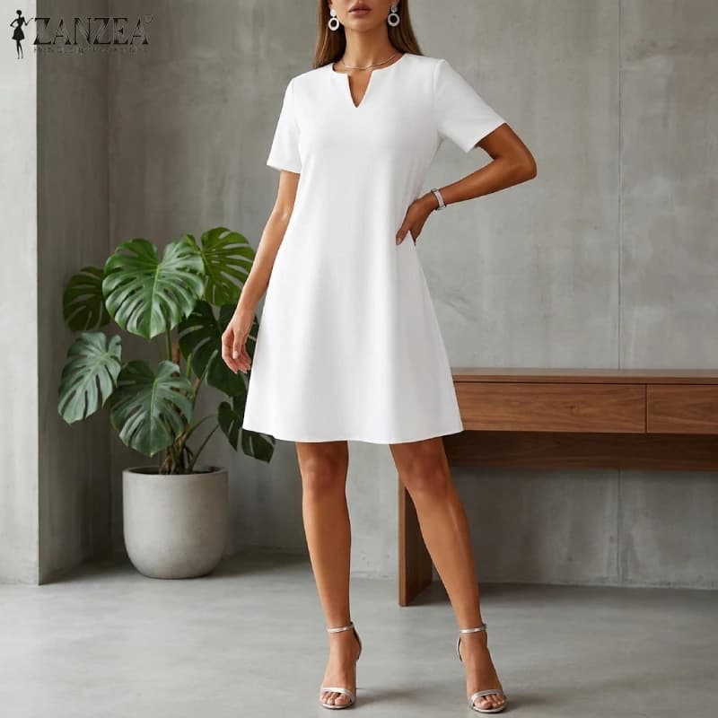 ZANZEA Women Minimalist Mini Dress Elegant V-Neck Short Sleeve Solid A-Line Dresses Summer Casual Day to Night Vestidos Mujer