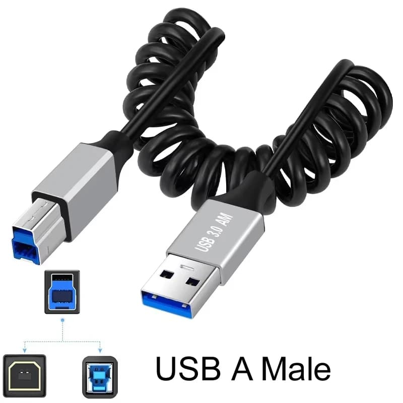 Cavo USB 3.0 a Molla da 100CM/3.3FT, USB A Maschio a USB Tipo-B per Stampante, Trasmissione Dati 5Gbps per SSD e Disco Rigido Esterno