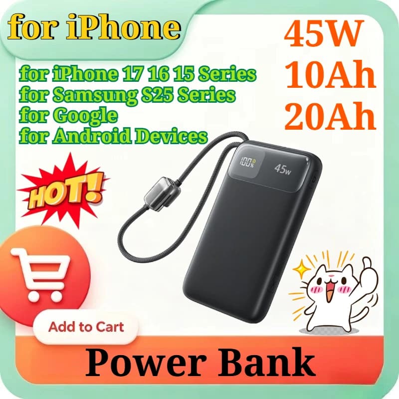 45W PD QC Fast Charging Power Bank 10/20Ah Power Bank with Built-in Cable for iPhone for Samsung Travel Daily Commute Backup
