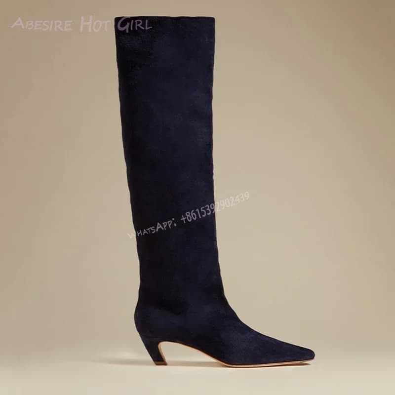 Stivali con tacco basso neri in pelle scamosciata scura Stivali al ginocchio da donna in pelle marrone con punta quadrata piccola Tacco a gattino Patchwork Scarpe casual da donna da ufficio primaverili