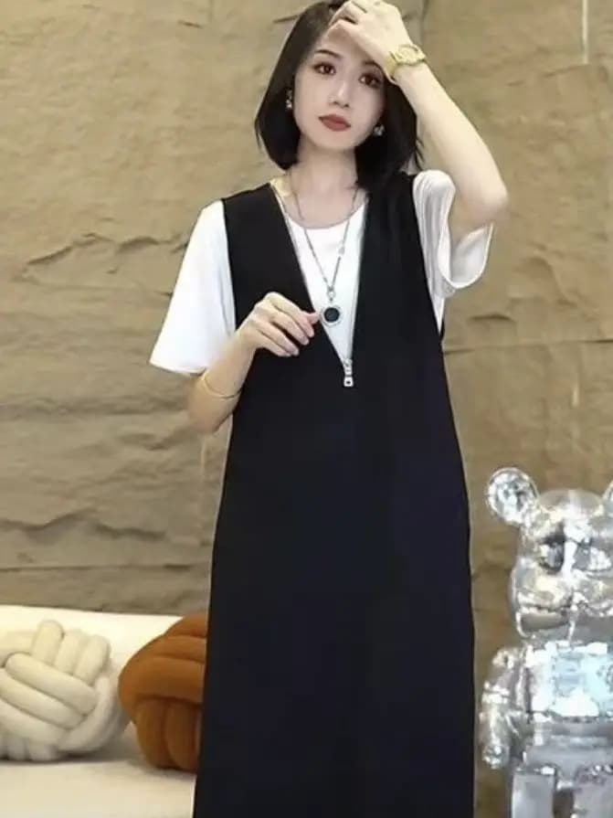 Summer Commute Casual V-Neck Vest Dress Women's Large Size 2026 New Style Short Sleeve Strap Dress Fake Two-Piece A-Line Skirt