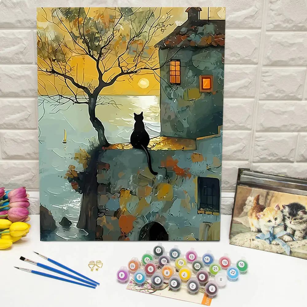 Dipinto ad olio con numeri Paesaggio di montagna Pittura digitale fai-da-te Casa Albero Paesaggio Immagine Artigianato su tela Regalo dipinto a mano