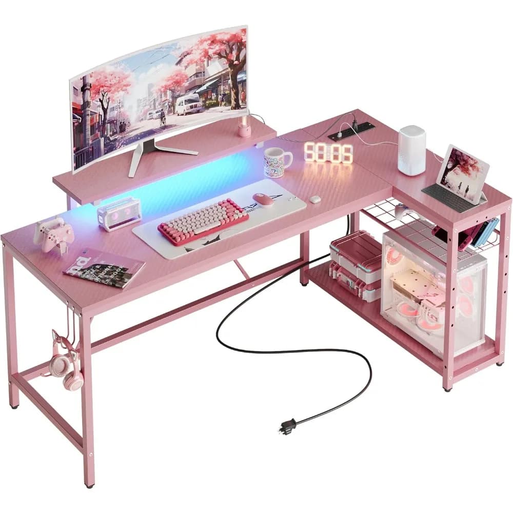 Scrivania da gioco a forma di L Bestier con prese di corrente, piccola scrivania ad angolo a 58 LED con ripiani reversibili, scrivania per computer rosa con