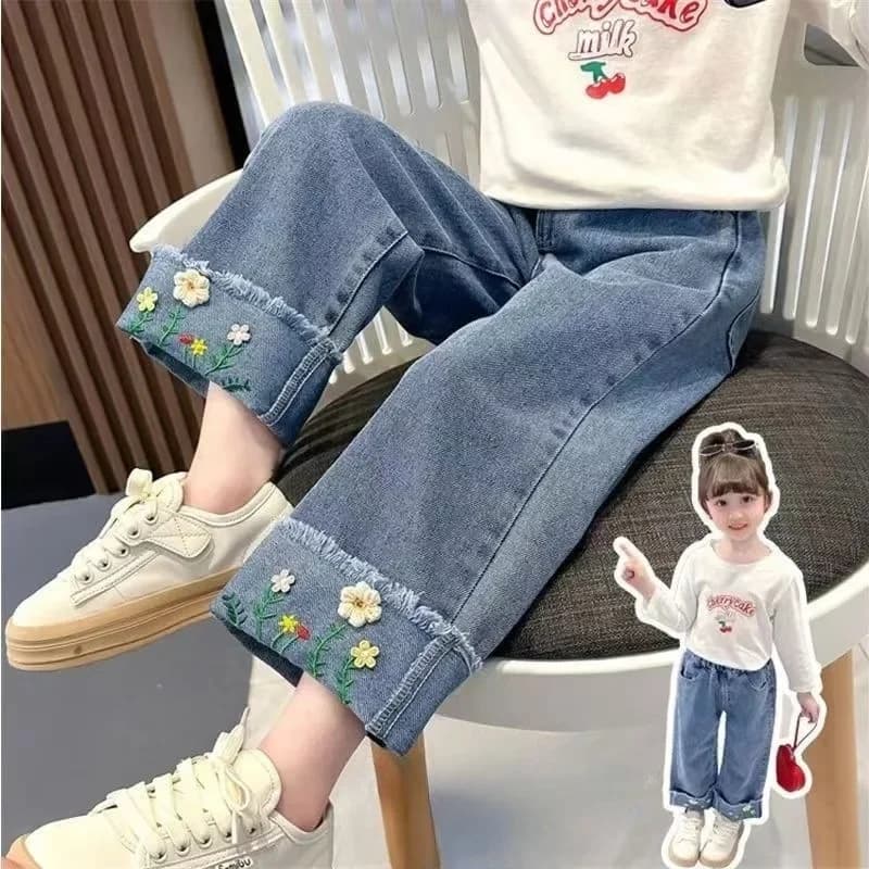 Pantaloni in denim per ragazze 2025 primavera e autunno nuova versione coreana dei bambini moda bambini pantaloni larghi a gamba dritta in stile straniero