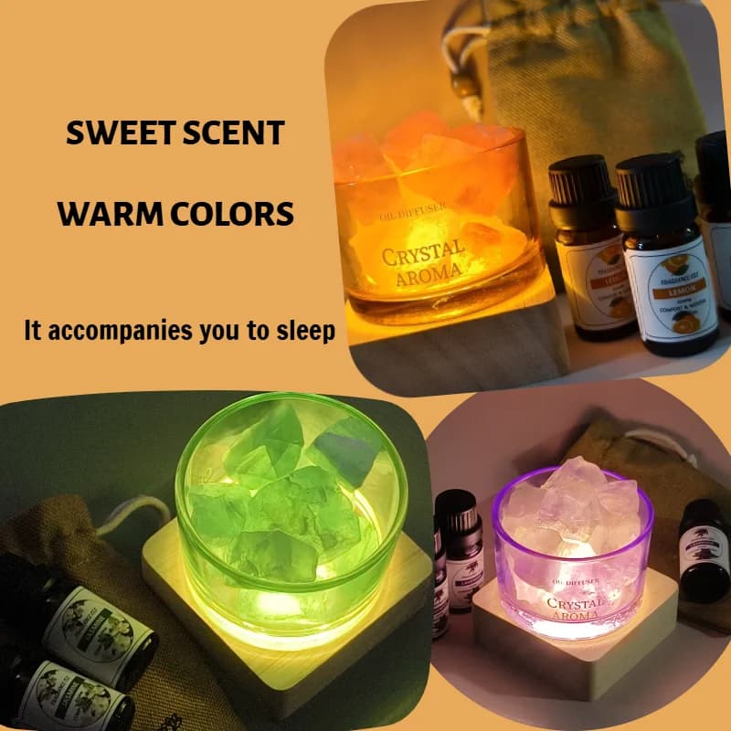 Kit Diffusore di Oli Essenziali in Cristallo con Luce LED, Base in Legno, Coppa in Vetro e Borsa Portaoggetti per Aromaterapia e Relax Domestico