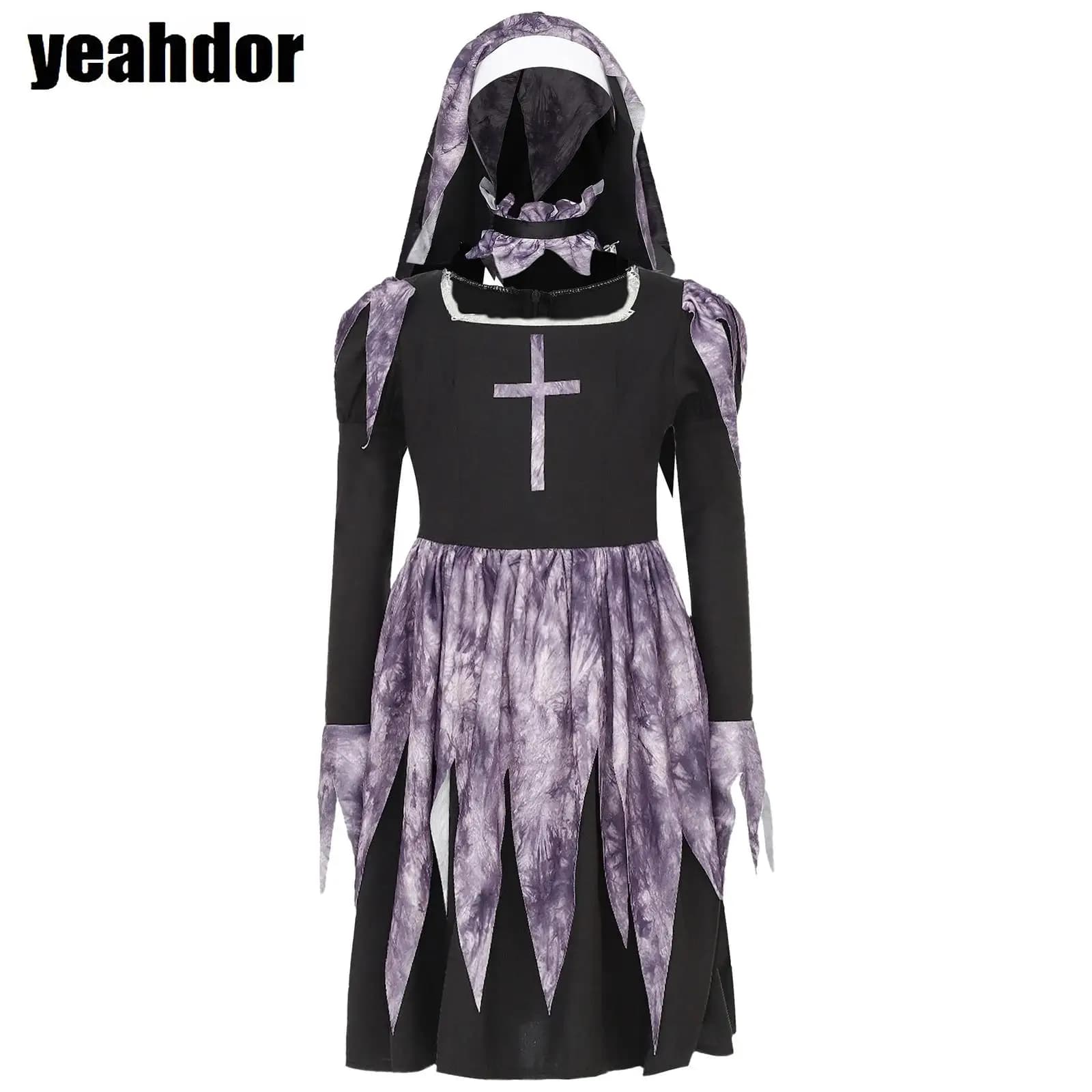 Costume da suora per ragazze 3 pezzi Set manica lunga con motivo incrociato Abito con volant con velo Cravatte Giochi scolastici Vestito da suora cosplay di Halloween