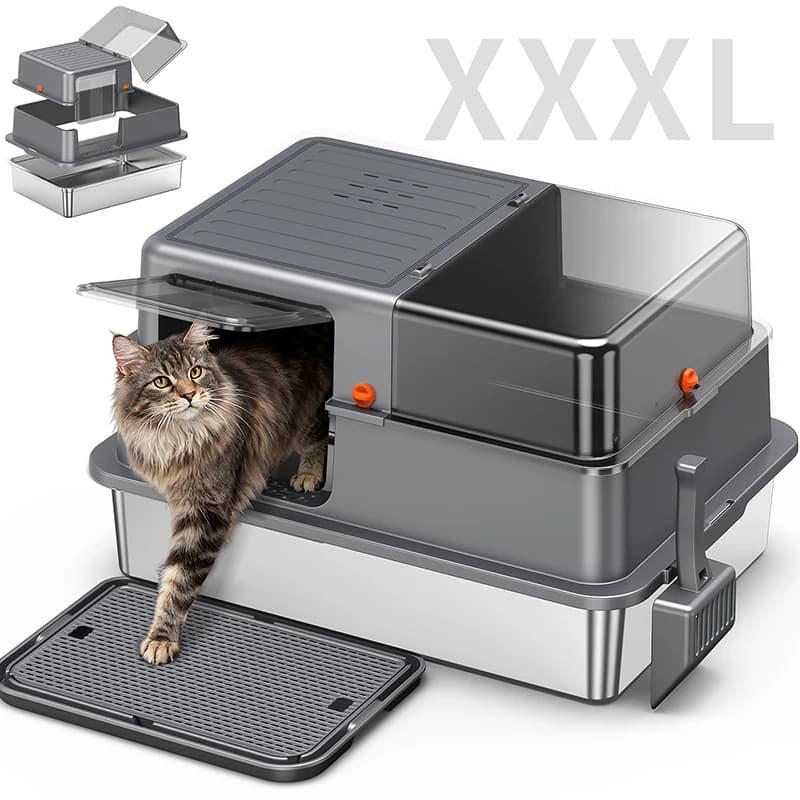 Lettiera per Gatti Chiusa in Acciaio Inossidabile con Coperchio, Lettiera Grande da 28 Pollici, Adatta per Gatti di Taglia Grande, Include Deodorante per Lettiera, con Paletta e Tappetino, Anti-perdita