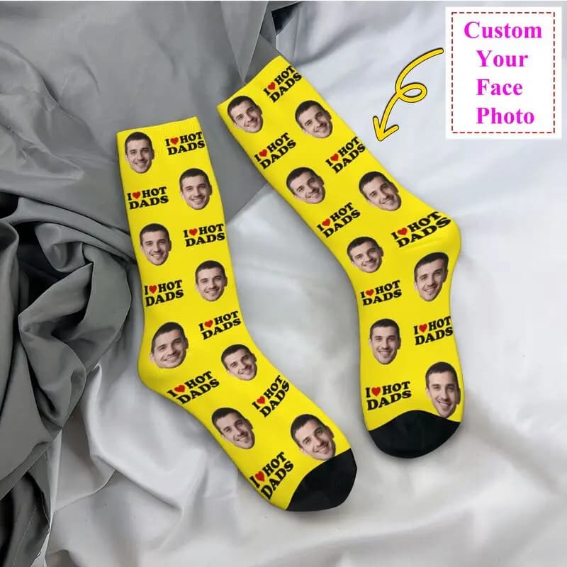 Personalized Elegant Socks I Love Hot Dads Men's Socks with Custom Photo Design for Face, Fashionable, Women's