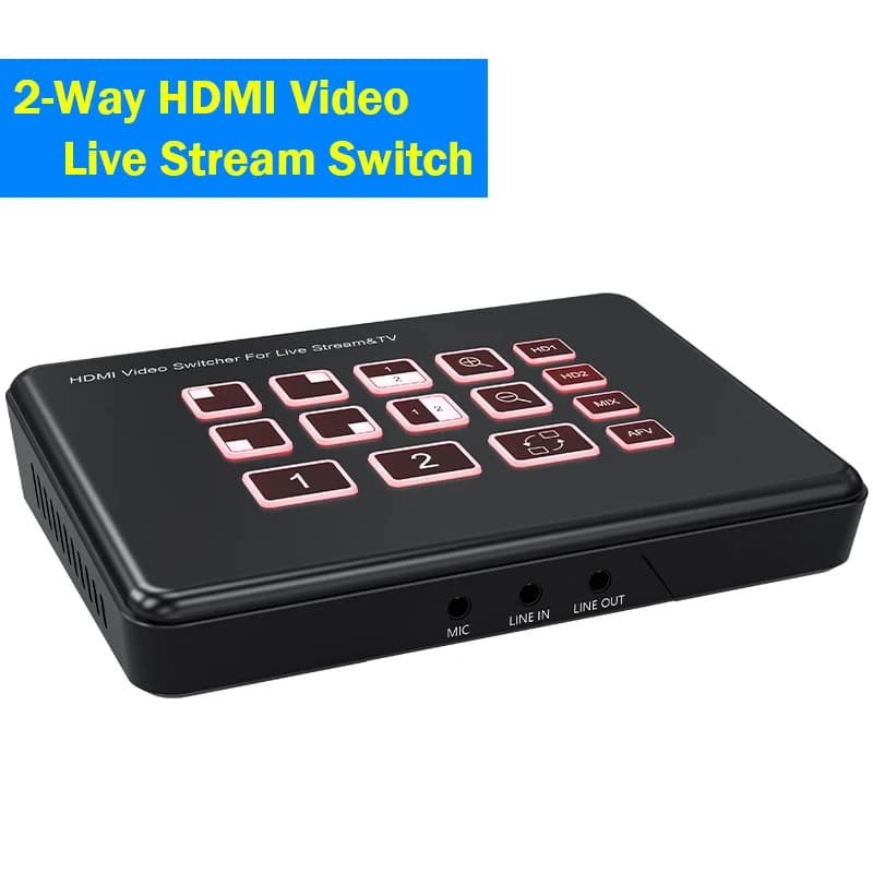 HDMI 2-way live stream switcher 1080P 60Hz HDMI Camera Video Mixer Switcher Station with C type recording, microphone line input, PIP