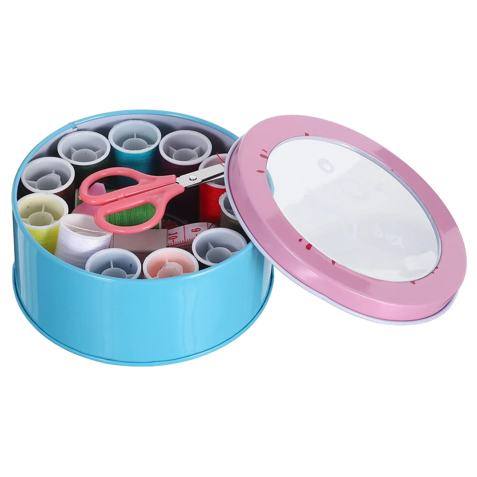 Set da Cucito Domestico in 1 Valigetta Rotonda di Ferro, 12 Colori di Filo, 16 Aghi, Infilafilo, Forbici, Kit Portatile per Cucito