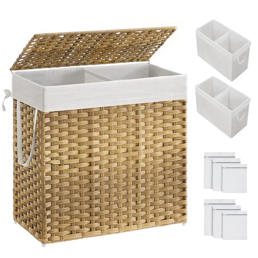 Basket Whiteware with Cover, 130L whiteware basket with 2 removable bags, 6 bags on the net, Wine cellar basket, Double basket