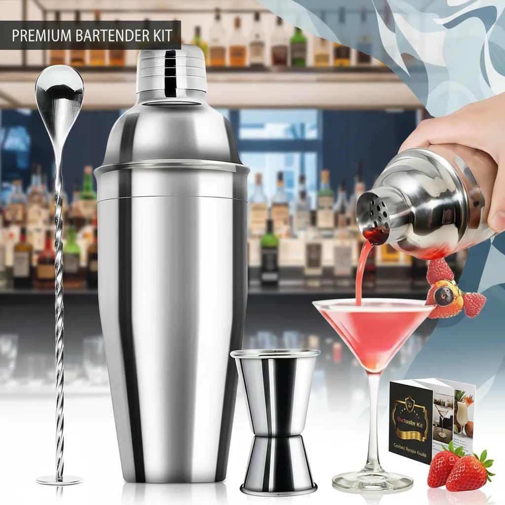 Set Shaker per Cocktail in Acciaio Inox da 750ml con Bicchieri, Kit da Bar Europeo in Tre Pezzi per Miscelare Bevande