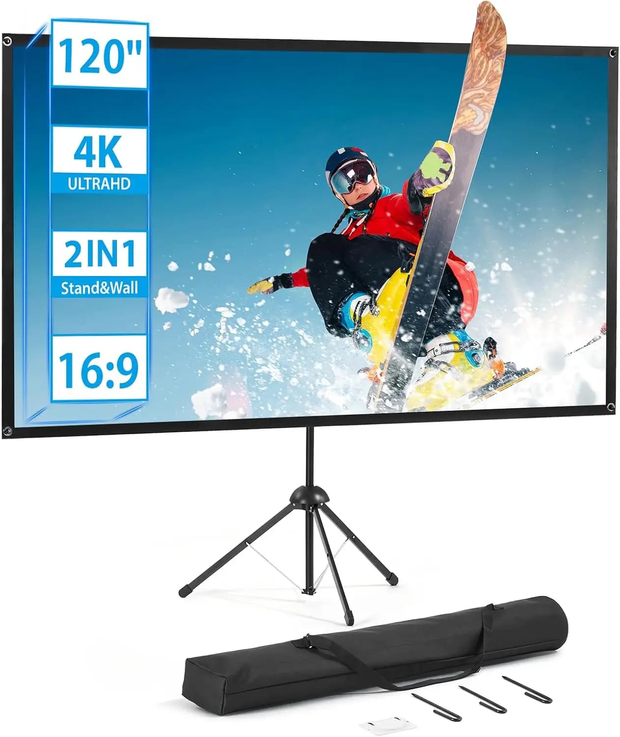 Schermo per Proiettore con Supporto, Schermo per Proiettore da Esterno 16:9 e Supporto a Treppiede, Proiezione Portatile