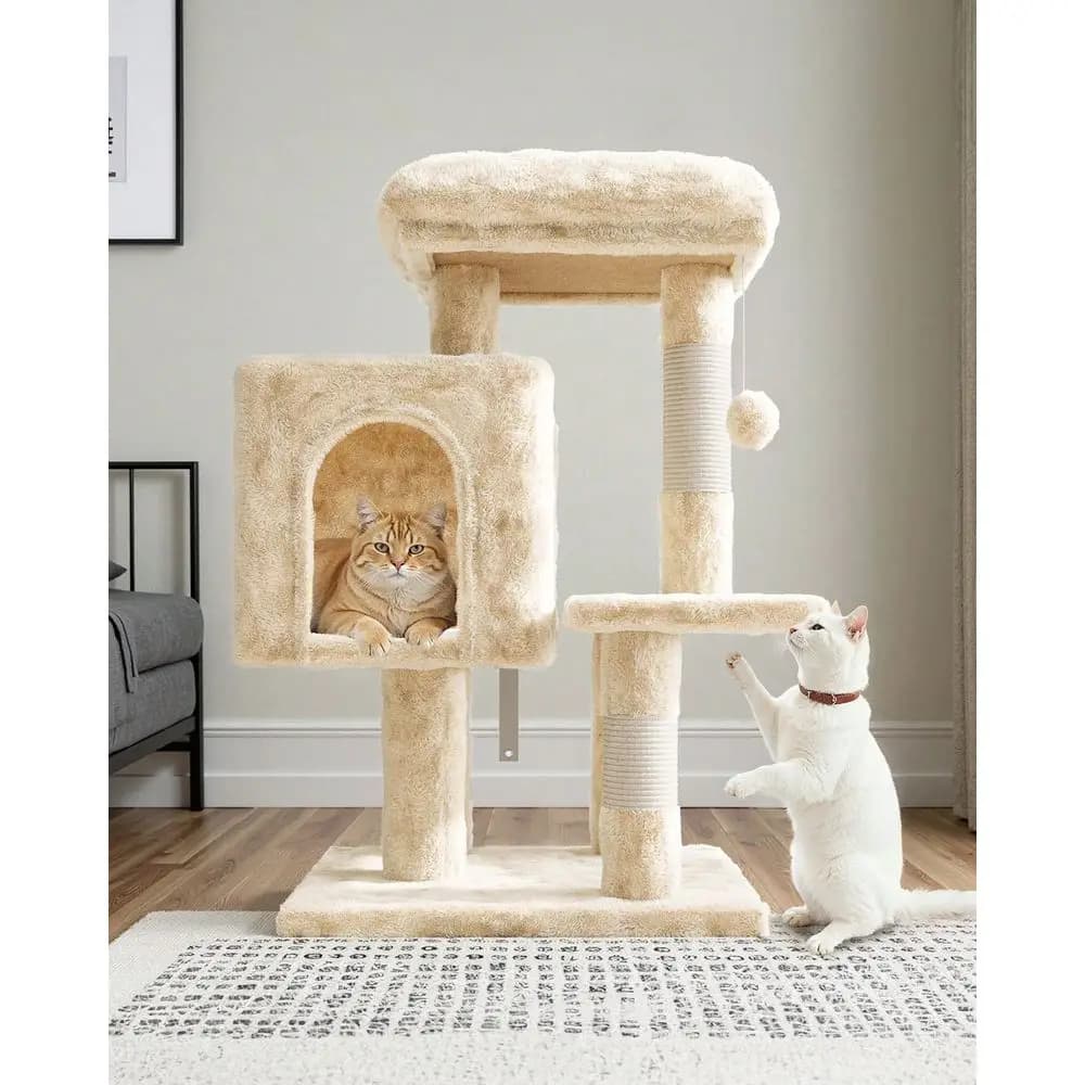 Torre per gatti da 29 pollici, multi-livello, per interni, con posti letto imbottiti in peluche, pali in sisal e cuccia per gattini - Arredamento per animali domestici