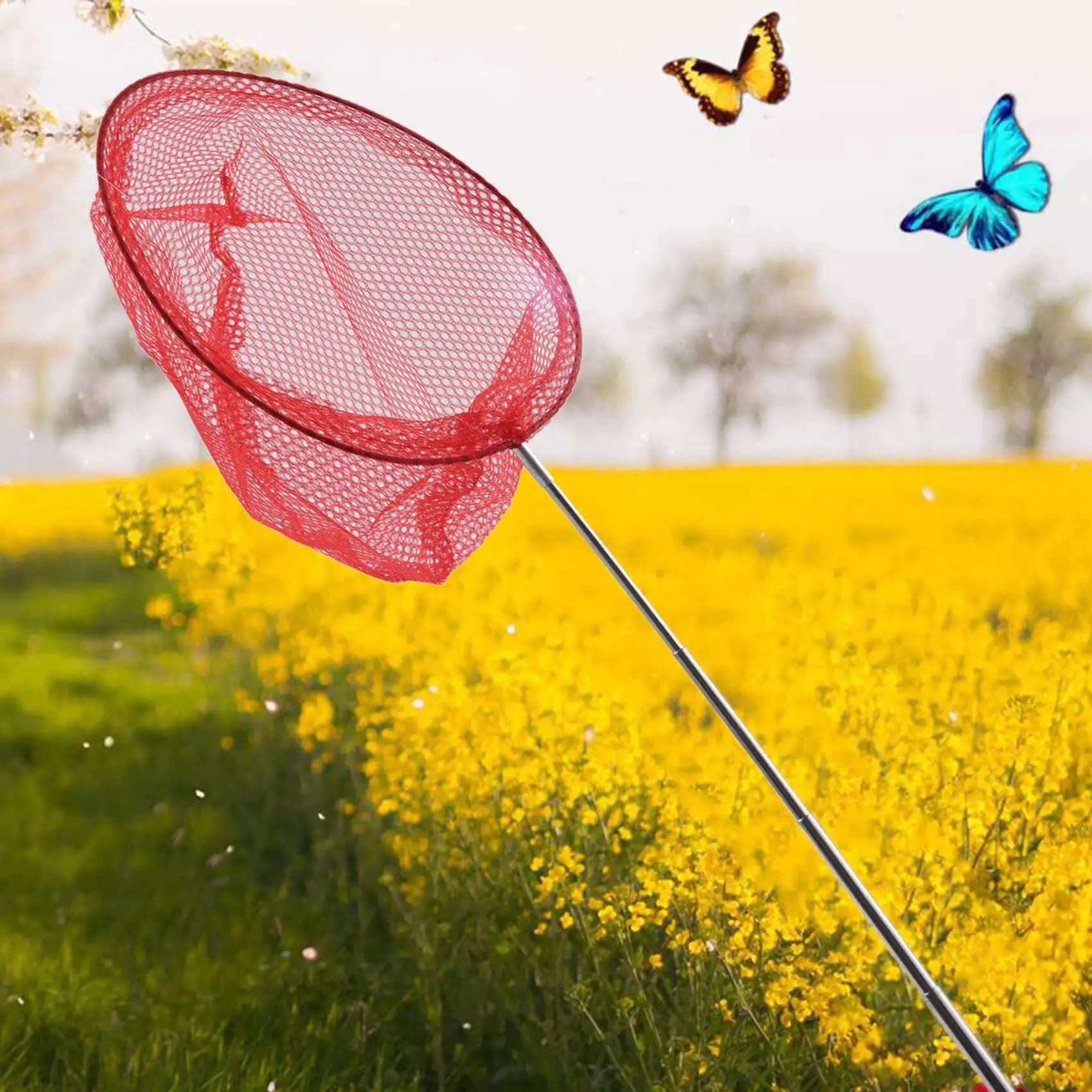 RTENTE-2X Outdoor Catching Catching Butterfly Net Fishing Net Bag Stainless Steel Telescopic Fishing Net Tool Outdoor Net-Red