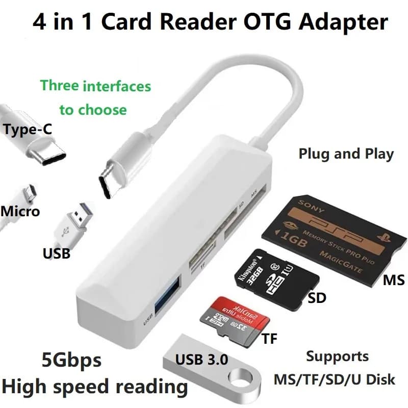 Adattatore OTG per lettore di schede MS USB 3.0 4 in 1 per iPhone Lettore di schede SD da 5 Gbps compatibile IOS/Android/finestra per MS/SD/TF/UDisk/Mouse