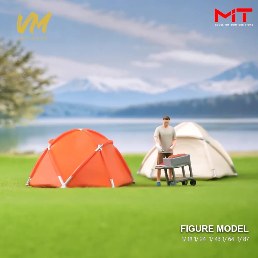 Miniature dipinte 1/87 1/64 1/43 1/24 1/18 Tenda da campeggio Barbecue Man Figura Diorama Mini bambola Modello Scena Puntelli Decor Artigianato