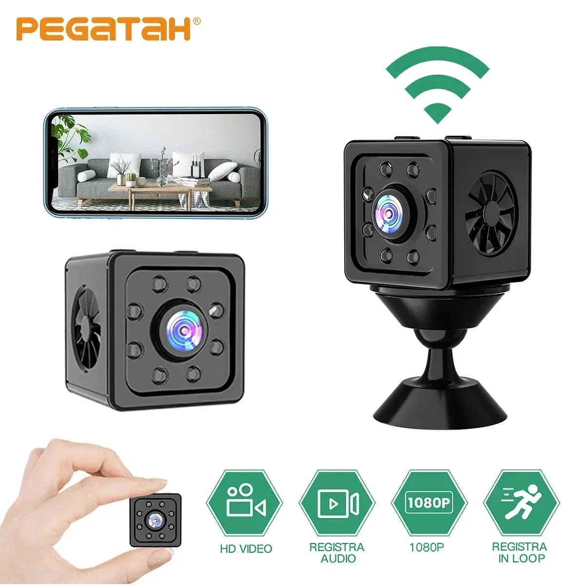 Telecamera WiFi Mini PEGATAH HD 1080P, Registratore Video Wireless con Controllo Remoto e Visione Notturna per Sicurezza Domestica