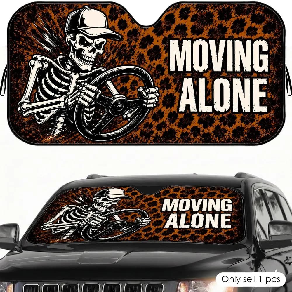 Parasole per Auto con Stampa Scheletro Ribelle 'MOVING ALONE', Protezione UV, Riflettente, Pieghevole, Isolante Termico