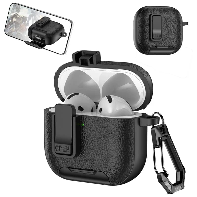 Custodia per cuffie strutturata in pelle di lusso con supporto per Airpods 4 Pro 2 3 2 1 custodia per cuffie a prova di caduta con gancio