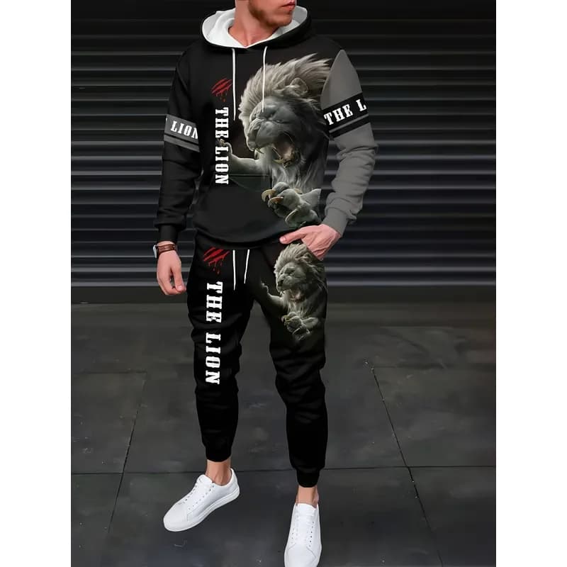 2026 Casual Sweater Sweatpants 2 Piece Set Trendy Lion Print Drawstring Outdoor Sportswear Tracksuit Women Men Fashion