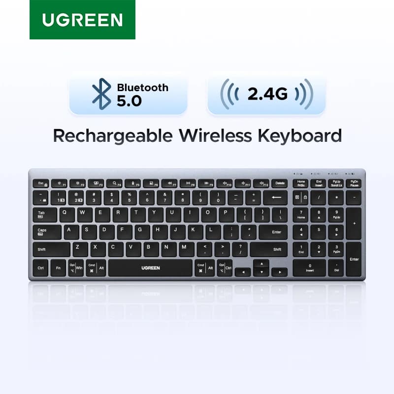 UGREEN Wireless Keyboard 99 Keys Bluetooth 2.4G Dual Mode USB-C Rechargeable 500mAh EN/RU Keys Ergonomic for Laptop PC