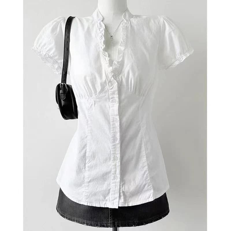 Vintage French Ruffle Trim Blouse Women White Puff Sleeve V Neck Button Front Slim Fit Elegant Casual Top Office Daily Wear 2026