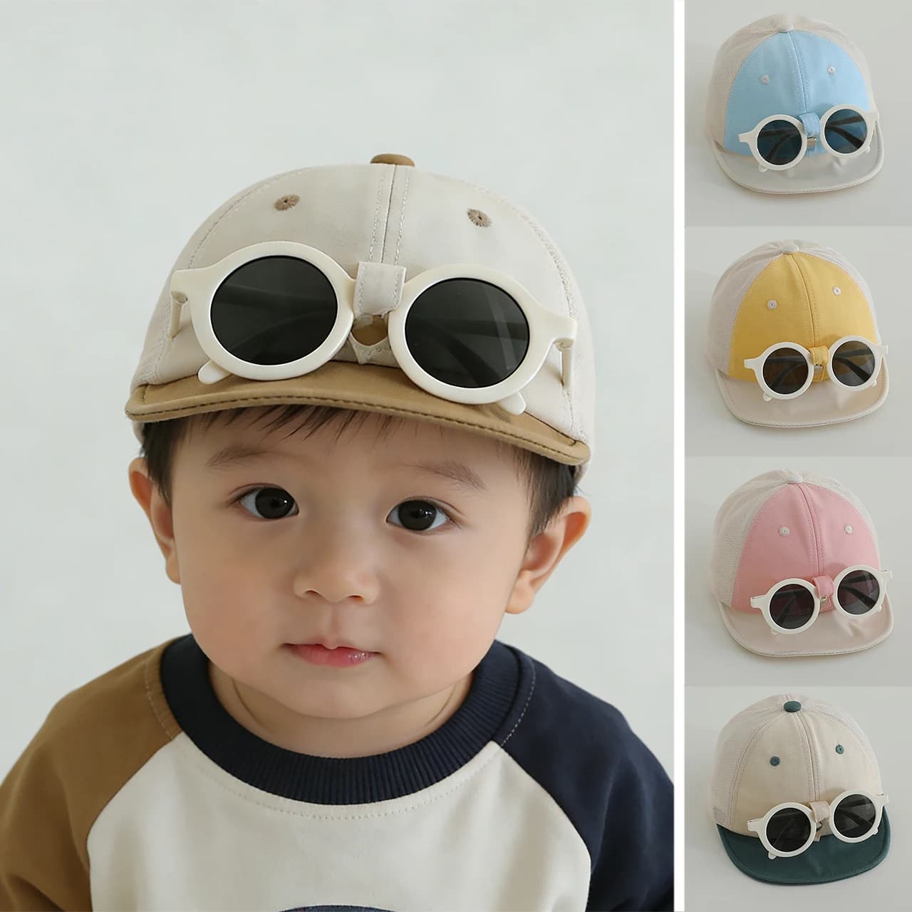Cappellino Estivo per Bambini con Rete e Occhiali da Sole Staccabili, Visiera Parasole per Bambini 6-24 Mesi, Cappello a Becco d'Anatra per Esterni