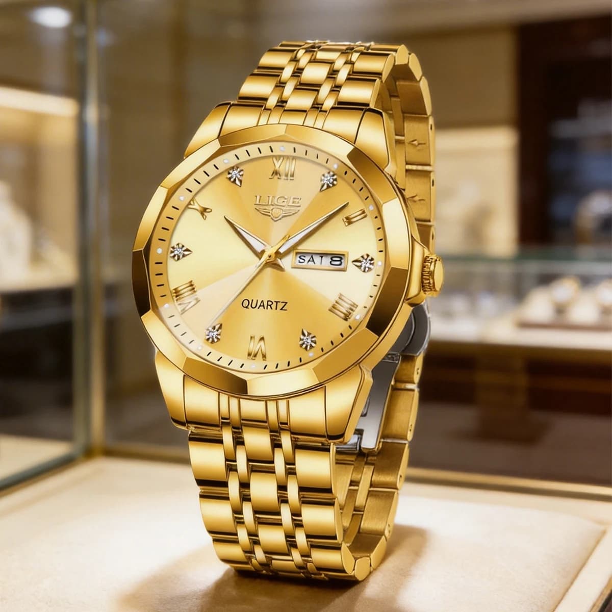 LIGE Nuovo Orologio da Uomo Originale al Quarzo Impermeabile, Cinturino in Acciaio Inossidabile Dorato, Orologio da Polso Maschile di Lusso di Alta Gamma