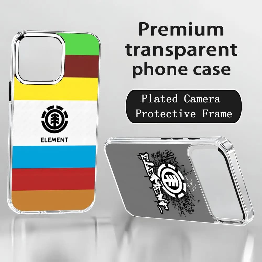 E-EHlement skateboard Brand Phone Case For iPhone17 air 16 15 14 13 12 11 Pro Max Plus Chrome Button Camera Ring Transparent