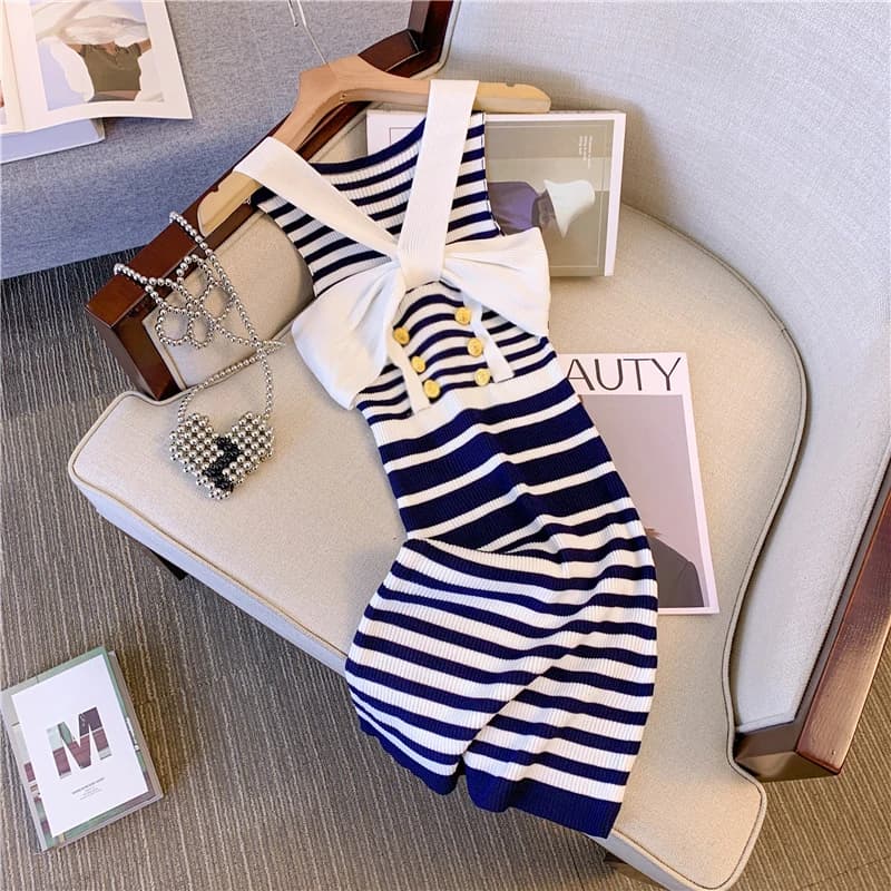 2025 New Ladies Halter Sleeveless Bodycon Dress Women's Dress Slim Temperament Striped Mini Dresses Summer Knit Dress