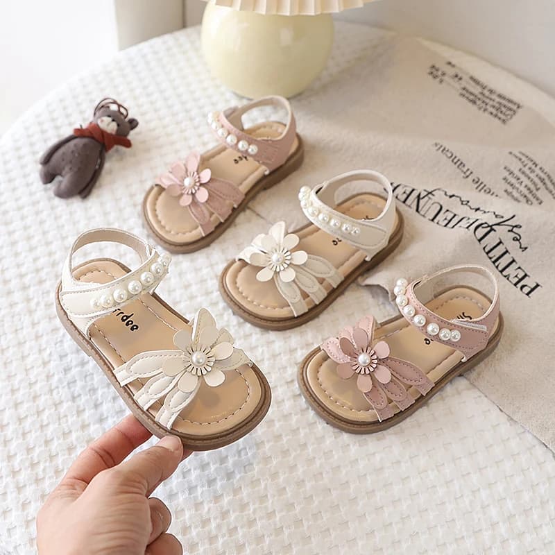 Sandali da Principessa per Bambine Estate 2026 con Decorazioni di Perle e Fiori, Suola Morbida, Traspiranti, Comodi, Scarpe per Bambini 21-30