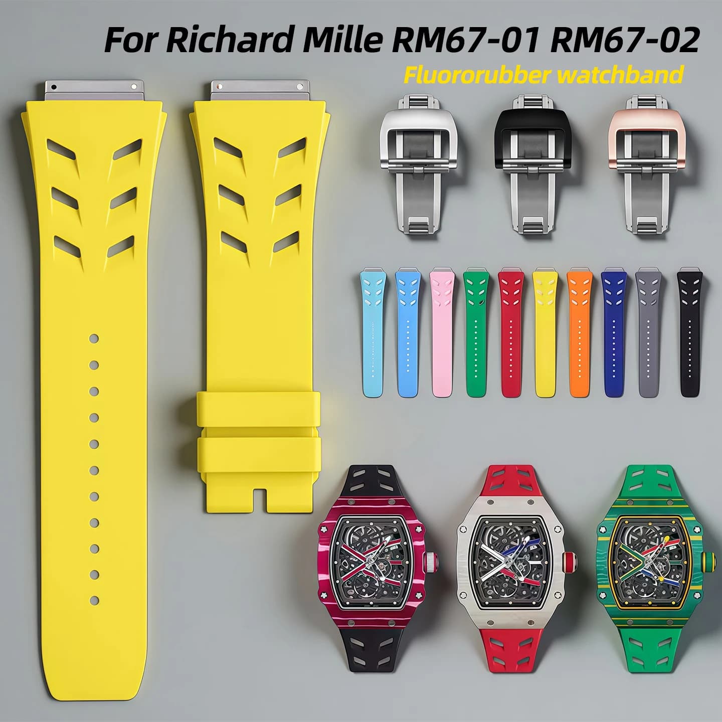 Cinturino in gomma fluorurata per la serie Richard Mille RM67-01 RM67-02, cinturino per orologio da donna con fibbia pieghevole Shark, comoda e traspirante