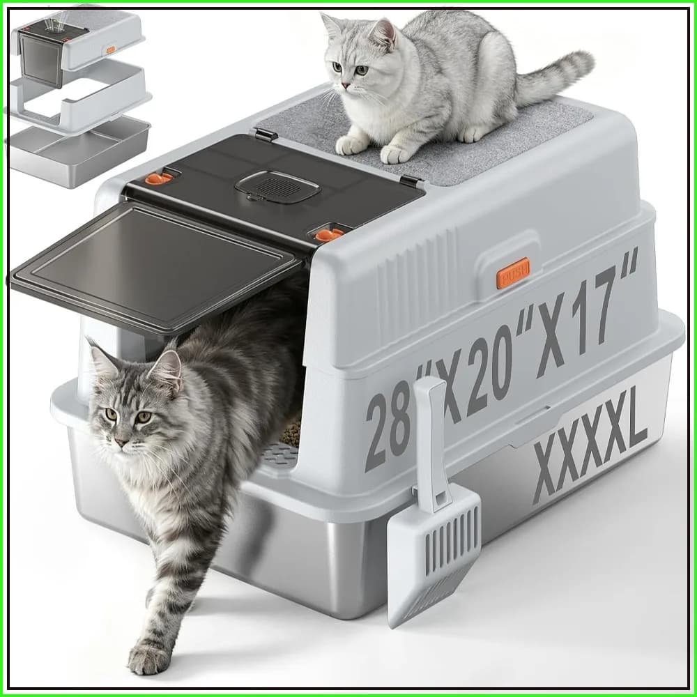 XXXXL Stainless Steel Litter Box with Lid, 28" x 20" x 17" Extra Large High Sided for Multi-Cats, Enclosed Metal Litter Box with Cat Scratcher and Scoop, Grey