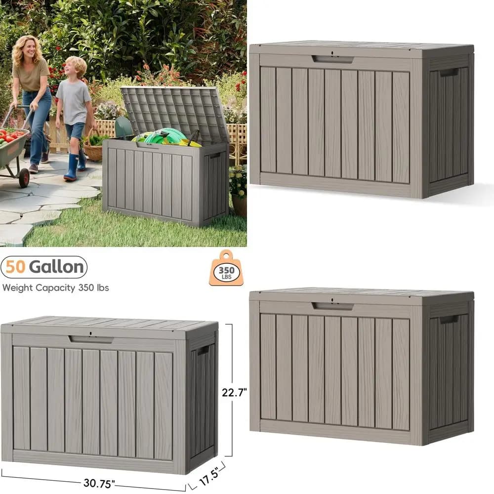 Outdoor Container Waterproof 50 Gallon Grey for Patio Bearings, Garden Tools and Pool Accessories